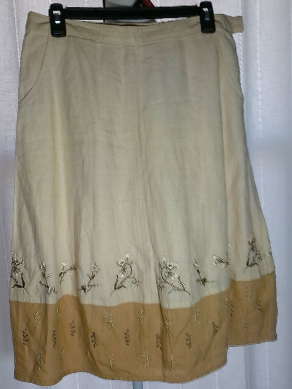 J. JILL Skirt Midi Linen Non-Elastic Waist Embrioderd Cream/Gold Floral Bottom 8